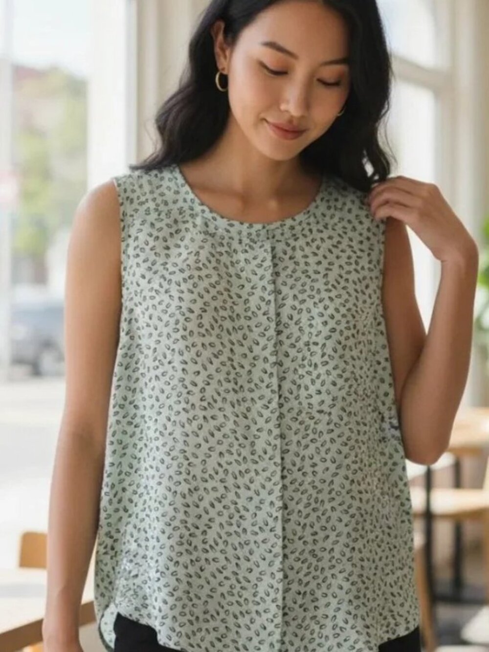 LOFT | Women's Top | Leaf Print Short Sleeve – Light Blue/Black/Yellow – Size L